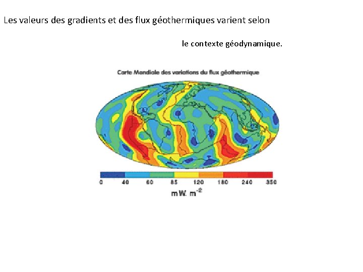 Les valeurs des gradients et des flux géothermiques varient selon le contexte géodynamique. 