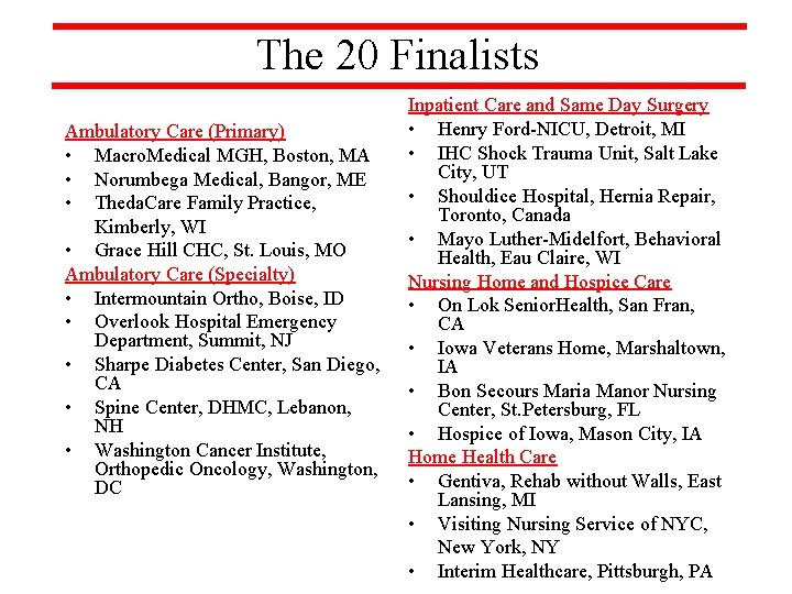 The 20 Finalists Ambulatory Care (Primary) • Macro. Medical MGH, Boston, MA • Norumbega