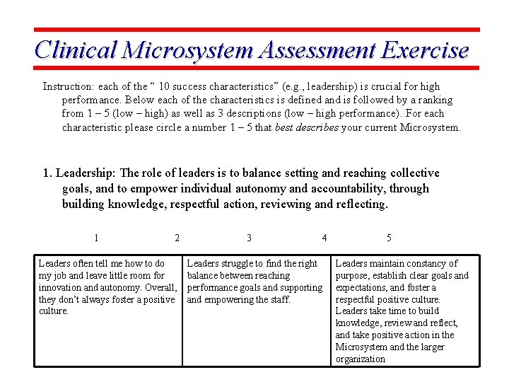 Clinical Microsystem Assessment Exercise Instruction: each of the “ 10 success characteristics” (e. g.