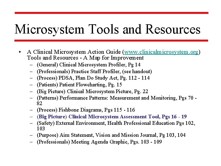Microsystem Tools and Resources • A Clinical Microsystem Action Guide (www. clinicalmicrosystem. org) Tools