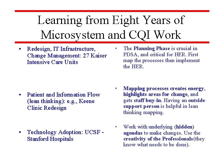 Learning from Eight Years of Microsystem and CQI Work • Redesign, IT Infrastructure, Change
