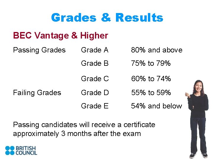 Grades & Results BEC Vantage & Higher Passing Grades Grade A 80% and above