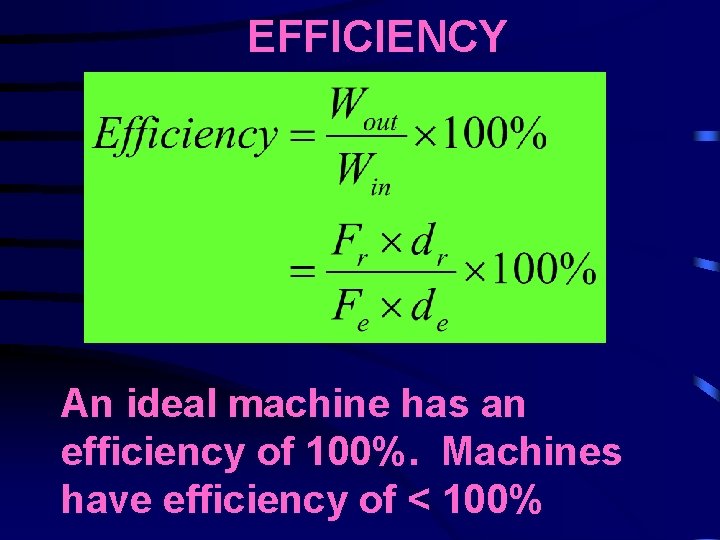 EFFICIENCY An ideal machine has an efficiency of 100%. Machines have efficiency of <