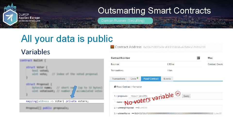 Outsmarting Smart Contracts Damian Rusinek (Secu. Ring) All your data is public Variables No