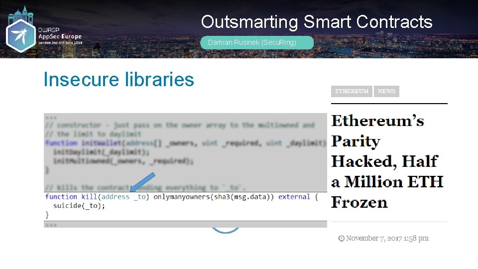 Outsmarting Smart Contracts Damian Rusinek (Secu. Ring) Insecure libraries 