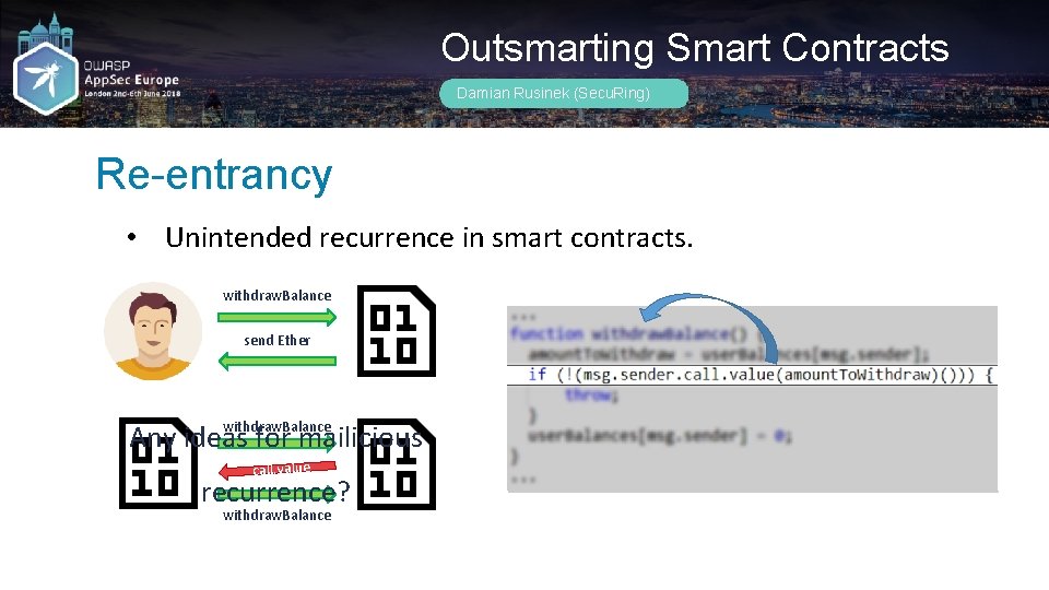 Outsmarting Smart Contracts Damian Rusinek (Secu. Ring) Re-entrancy • Unintended recurrence in smart contracts.