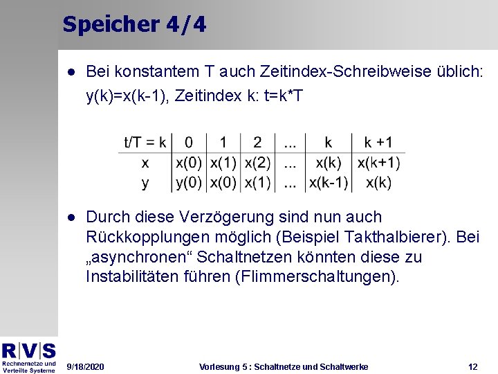 Speicher 4/4 · Bei konstantem T auch Zeitindex-Schreibweise üblich: y(k)=x(k-1), Zeitindex k: t=k*T ·