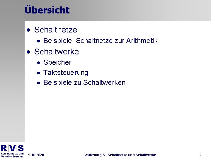 Übersicht · Schaltnetze · Beispiele: Schaltnetze zur Arithmetik · Schaltwerke · Speicher · Taktsteuerung