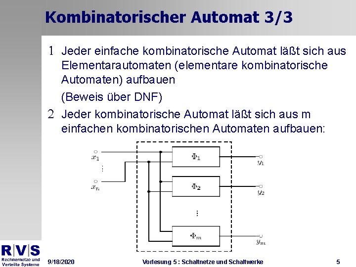 Kombinatorischer Automat 3/3 1 Jeder einfache kombinatorische Automat läßt sich aus Elementarautomaten (elementare kombinatorische