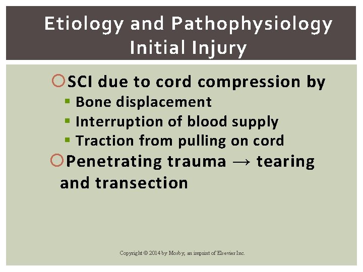 Etiology and Pathophysiology Initial Injury SCI due to cord compression by § Bone displacement