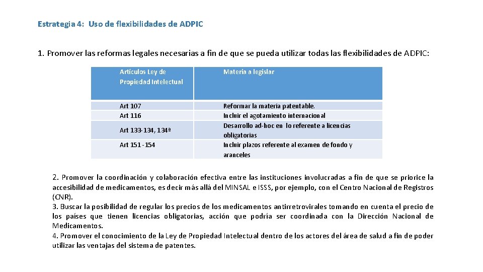 Estrategia 4: Uso de flexibilidades de ADPIC 1. Promover las reformas legales necesarias a