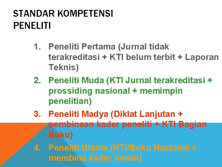 STANDAR KOMPETENSI PENELITI 1. Peneliti Pertama (Jurnal tidak terakreditasi + KTI belum terbit +