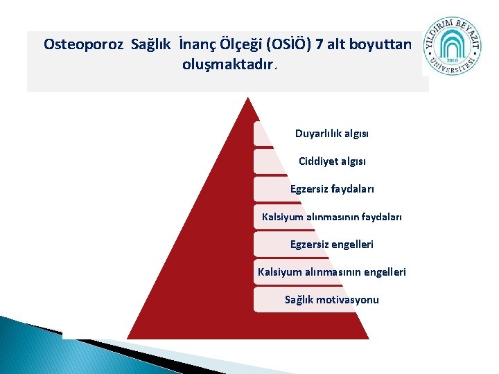 Osteoporoz Sağlık İnanç Ölçeği (OSİÖ) 7 alt boyuttan oluşmaktadır. Duyarlılık algısı Ciddiyet algısı Egzersiz