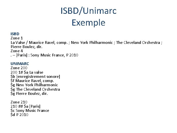 ISBD/Unimarc Exemple ISBD Zone 1 La Valse / Maurice Ravel, comp. ; New York