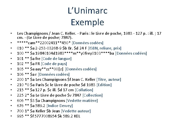 L’Unimarc Exemple • • • • Les Champignons / Jean C. Keller. - Paris