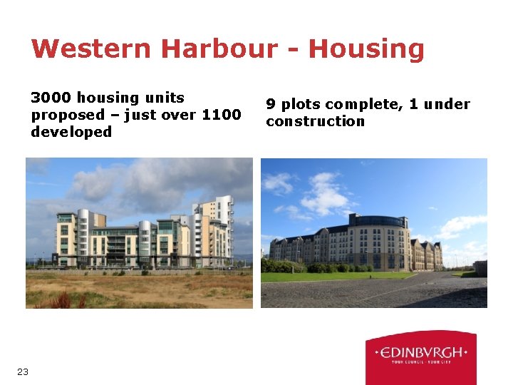 Western Harbour - Housing 3000 housing units proposed – just over 1100 developed 23