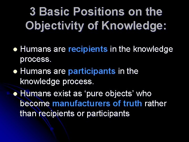 3 Basic Positions on the Objectivity of Knowledge: Humans are recipients in the knowledge