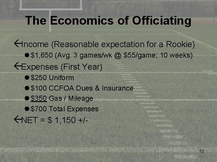 The Economics of Officiating ßIncome (Reasonable expectation for a Rookie) ®$1, 650 (Avg. 3