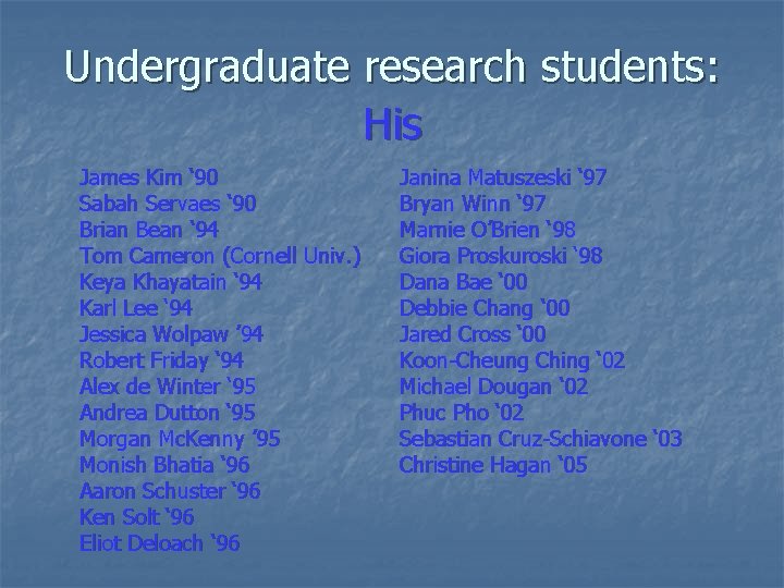 Undergraduate research students: His James Kim ‘ 90 Sabah Servaes ‘ 90 Brian Bean