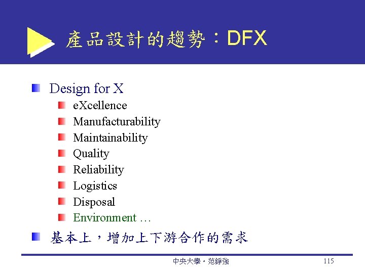 產品設計的趨勢：DFX Design for X e. Xcellence Manufacturability Maintainability Quality Reliability Logistics Disposal Environment …