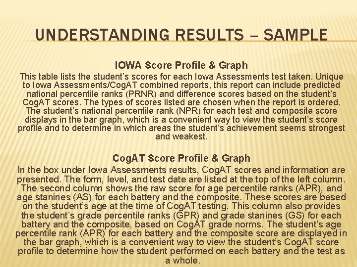 UNDERSTANDING RESULTS – SAMPLE IOWA Score Profile & Graph This table lists the student’s