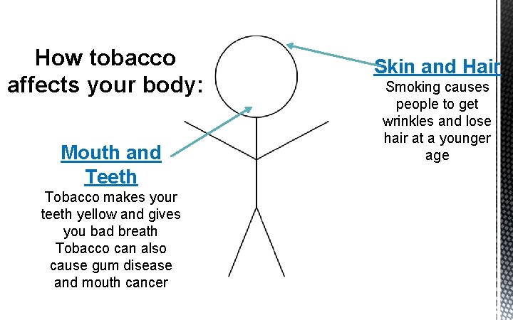 How tobacco affects your body: Mouth and Teeth Tobacco makes your teeth yellow and