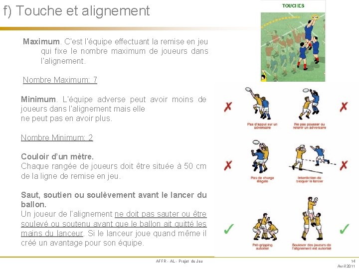 f) Touche et alignement Annexe Maximum. C’est l’équipe effectuant la remise en jeu qui