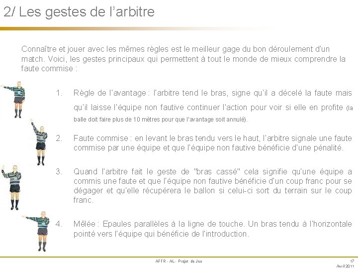 2/ Les gestes de l’arbitre Annexe Connaître et jouer avec les mêmes règles est