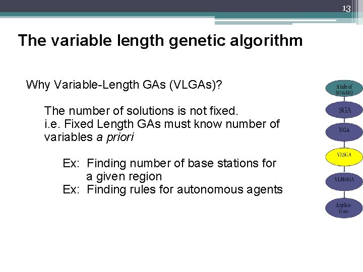 13 The variable length genetic algorithm Why Variable-Length GAs (VLGAs)? The number of solutions