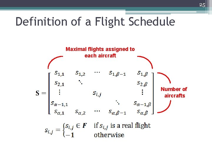 25 Definition of a Flight Schedule Maximal flights assigned to each aircraft Number of