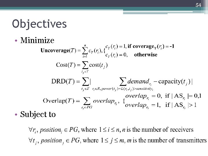 54 Objectives • Minimize • Subject to 