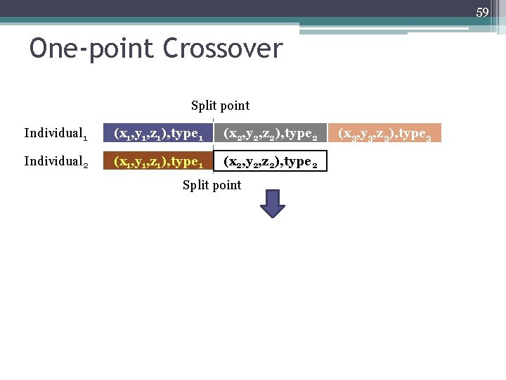 59 One-point Crossover Split point Individual 1 (x 1, y 1, z 1), type