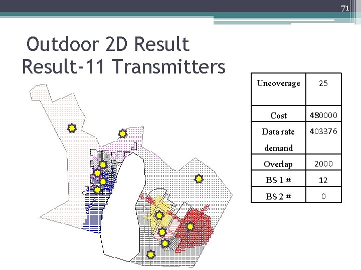 71 Outdoor 2 D Result-11 Transmitters Uncoverage 25 Cost 480000 Data rate 403376 demand