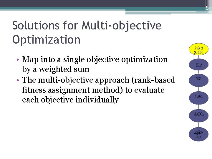 8 Solutions for Multi-objective Optimization 8 • Map into a single objective optimization by