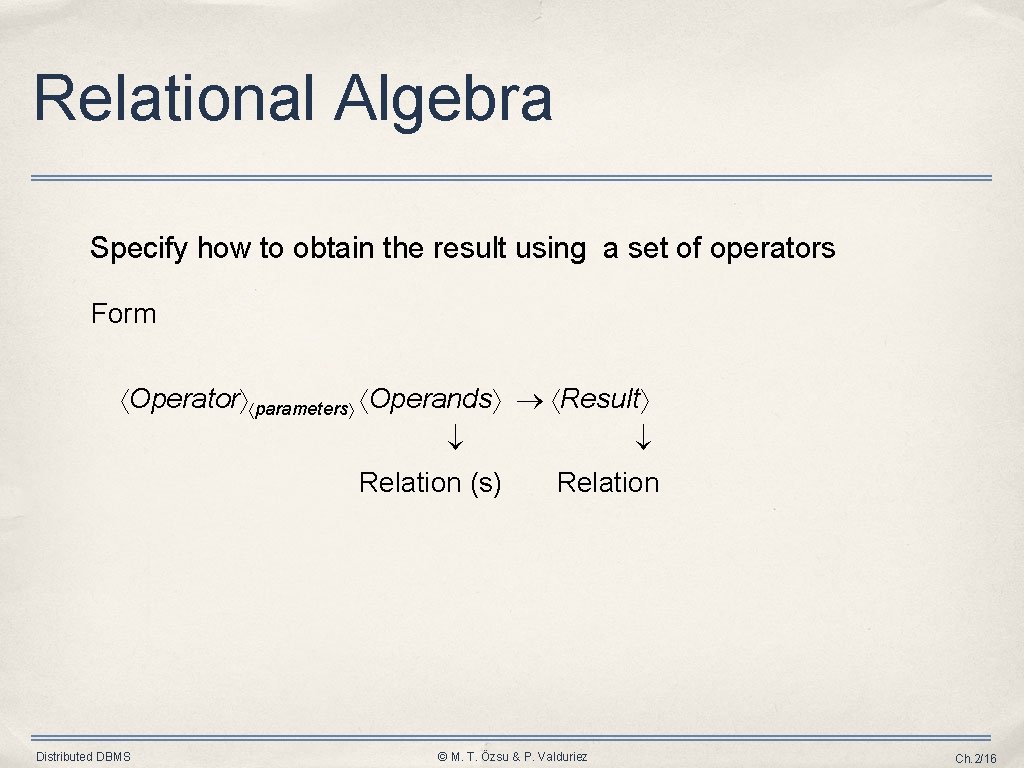 Relational Algebra Specify how to obtain the result using a set of operators Form
