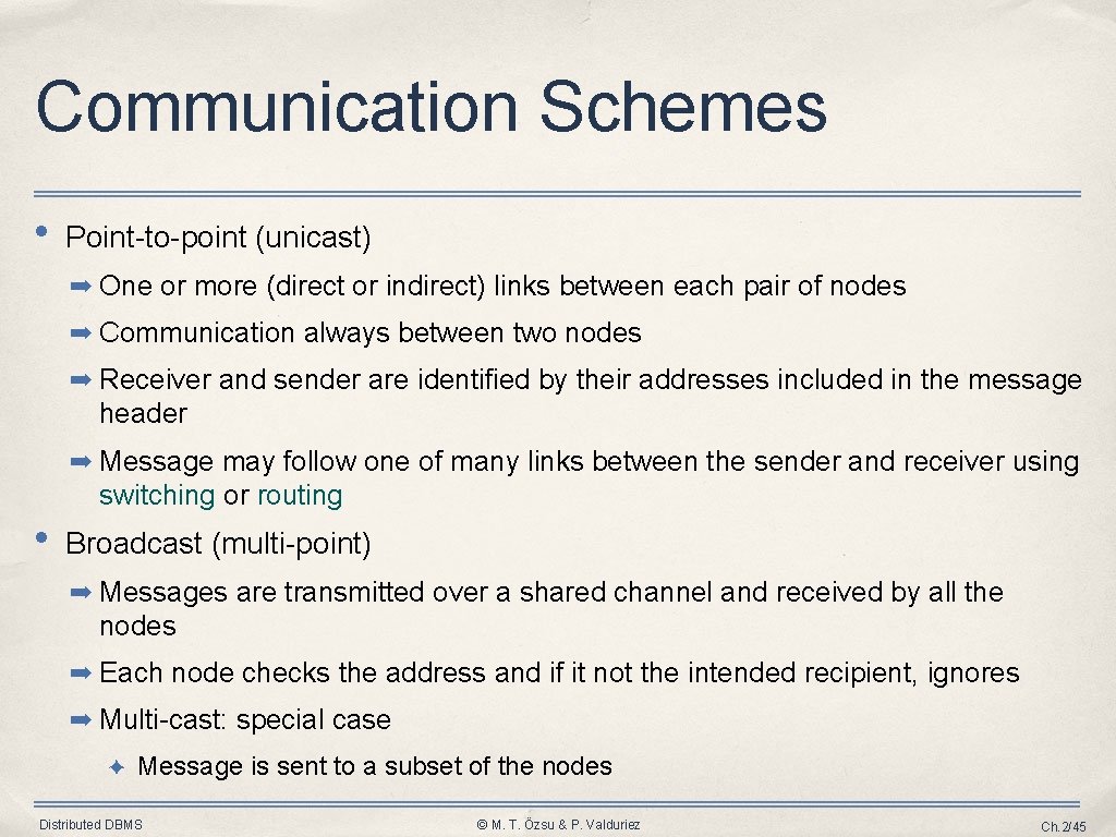Communication Schemes • Point-to-point (unicast) ➡ One or more (direct or indirect) links between