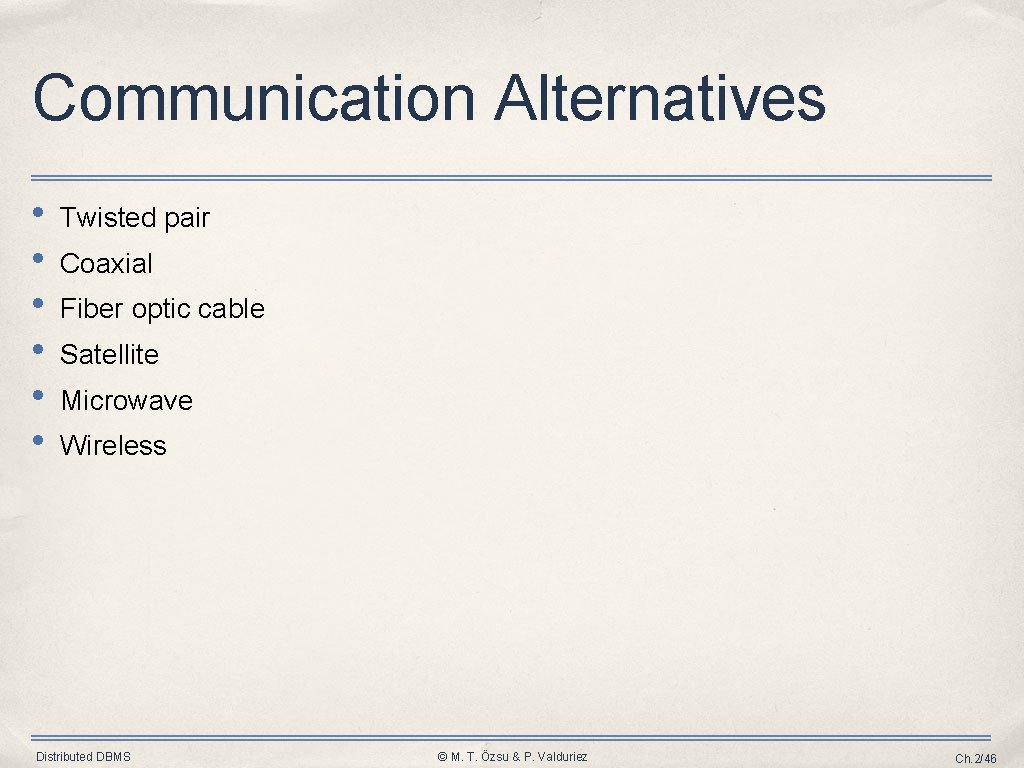 Communication Alternatives • • • Twisted pair Coaxial Fiber optic cable Satellite Microwave Wireless