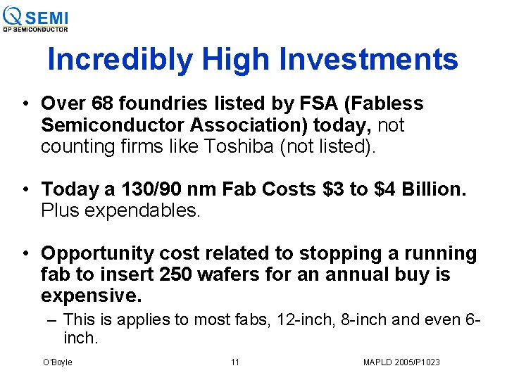 Incredibly High Investments • Over 68 foundries listed by FSA (Fabless Semiconductor Association) today,