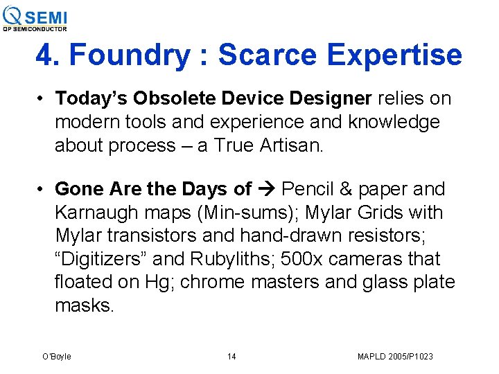 4. Foundry : Scarce Expertise • Today’s Obsolete Device Designer relies on modern tools