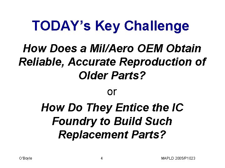 TODAY’s Key Challenge How Does a Mil/Aero OEM Obtain Reliable, Accurate Reproduction of Older