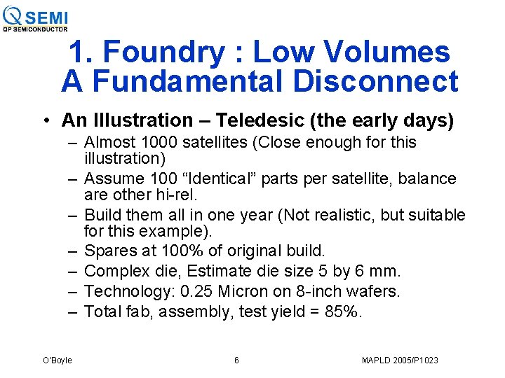 1. Foundry : Low Volumes A Fundamental Disconnect • An Illustration – Teledesic (the