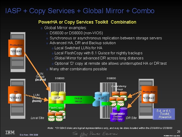 IASP + Copy Services + Global Mirror + Combo Power. HA or Copy Services