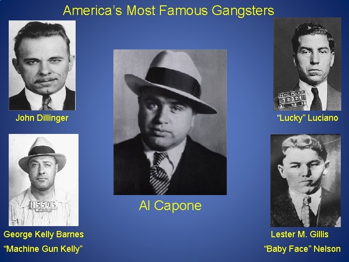 America’s Most Famous Gangsters John Dillinger “Lucky” Luciano Al Capone George Kelly Barnes Lester