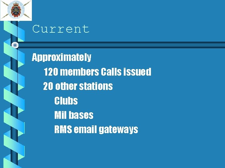 Current Approximately 120 members Calls issued 20 other stations Clubs Mil bases RMS email
