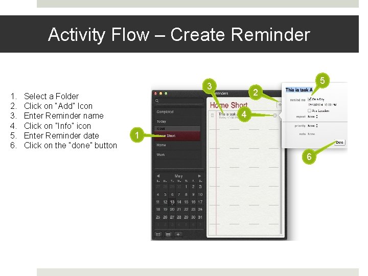 Activity Flow – Create Reminder 1. 2. 3. 4. 5. 6. 5 3 Select