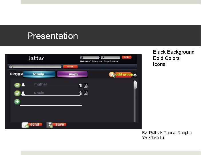 Presentation Black Background Bold Colors Icons By: Ruthvik Gunna, Ronghui Ye, Chen liu 