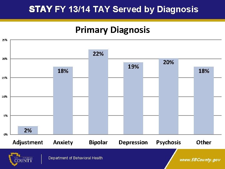 STAY FY 13/14 TAY Served by Diagnosis STAY Primary Diagnosis 25% 22% 20% 19%