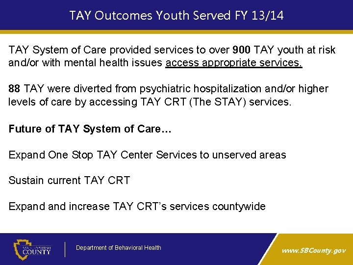 TAY Outcomes Youth Served FY 13/14 TAY System of Care provided services to over