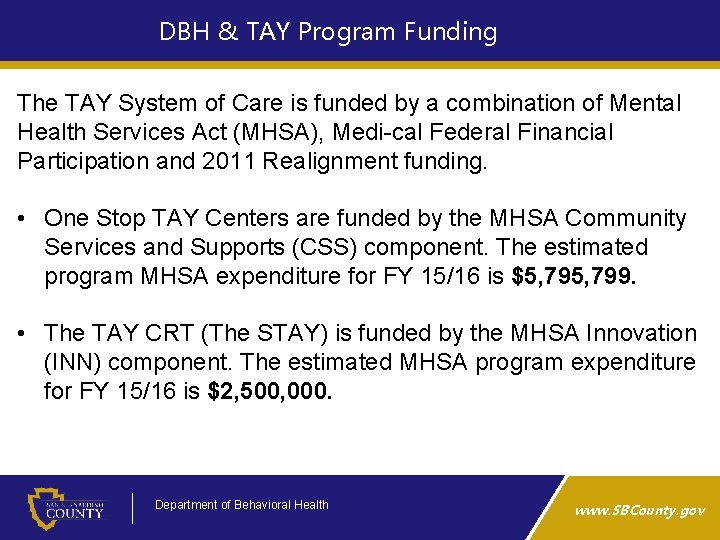 DBH & TAY Program Funding The TAY System of Care is funded by a