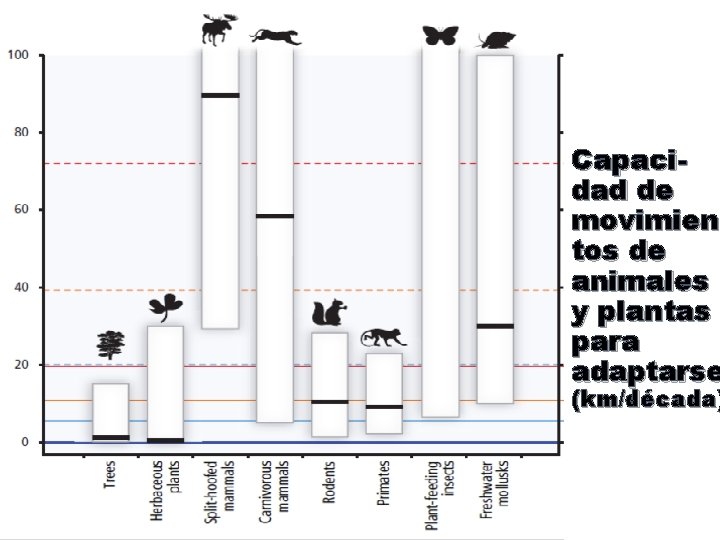 Capacidad de movimien tos de animales y plantas para adaptarse (km/década) 